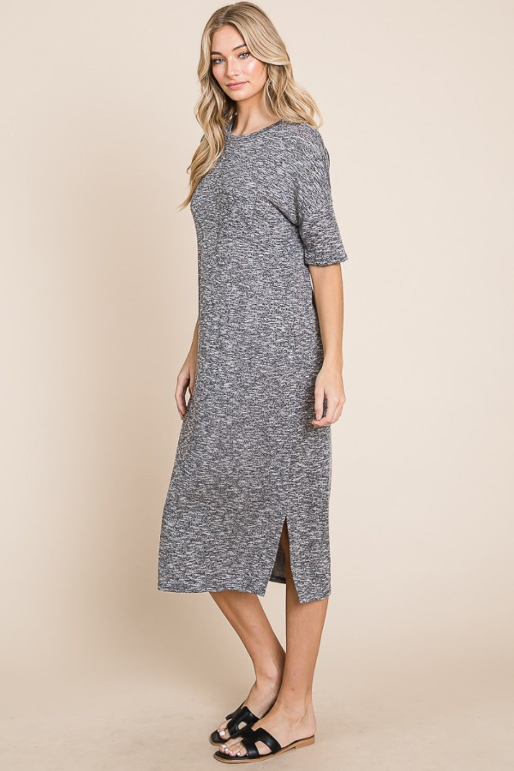 BOMBOM Slit Round Neck Half Sleeve Midi Dress.