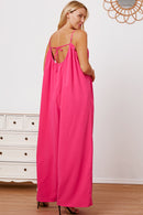 Double Take Full Size Ruffle Trim Tie Back Cami Jumpsuit with Pockets.