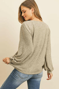 Puff Sleeved Boat Neck Two Toned Brushed Hacci Top.