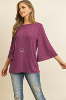 Boat Neck Bell Sleeve Solid Hacci Brushed Top.