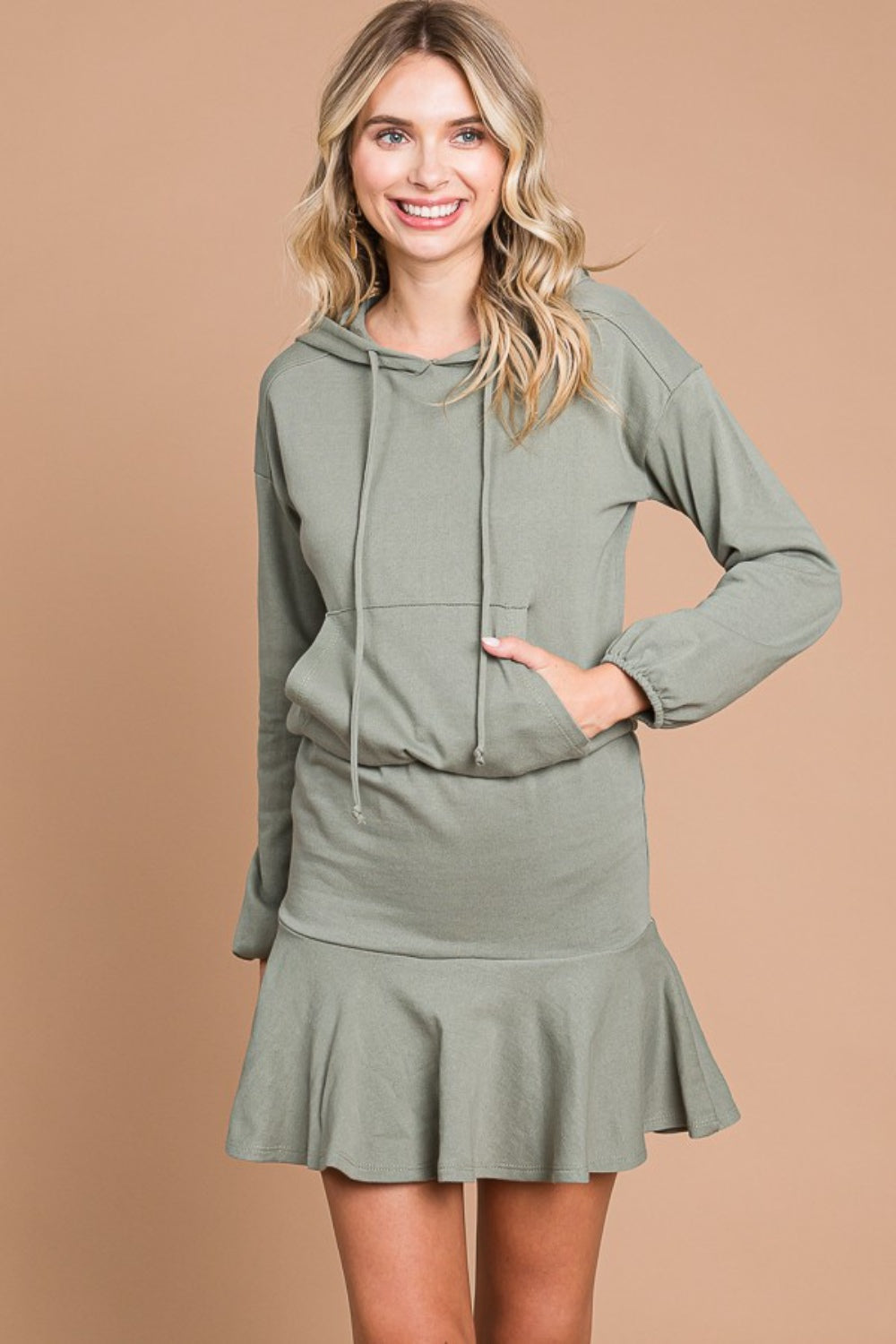 Culture Code Full Size Drawstring Dropped Shoulder Hooded Mini Dress.