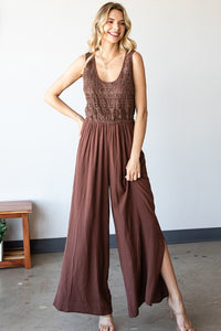 First Love Tie Back Sleeveless Slit Wide Leg Jumpsuit.