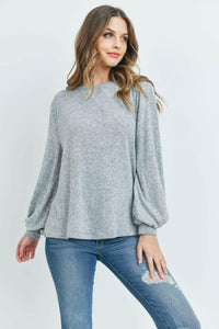 Puff Sleeved Boat Neck Two Toned Brushed Hacci Top