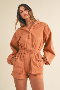 Mable Snap Down Long Sleeve Hooded Romper.