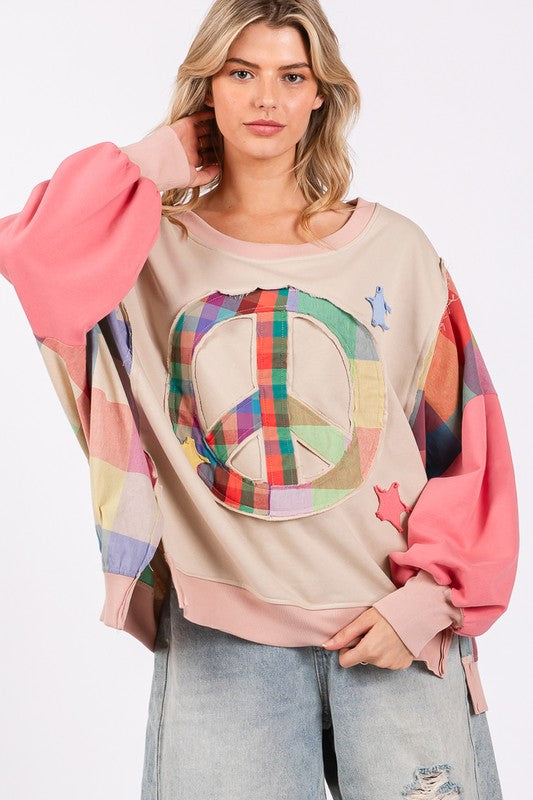 SAGE + FIG Full Size Contrast Peace Patch Dropped Shoulder Sweatshirt.