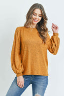 Puff Sleeved Boat Neck Two Toned Brushed Hacci Top