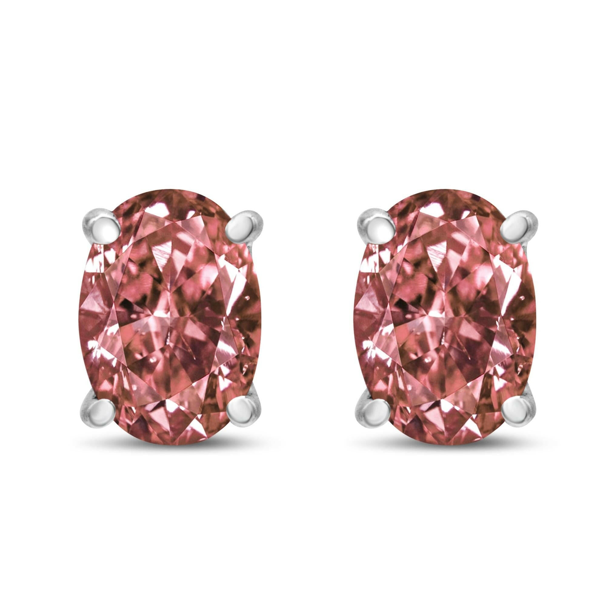 14K White Gold Lab Grown Pink Oval 4 Prong Set Classic Diamond Solitaire Stud Earrings (Pink Color, VS2-SI1 Clarity).