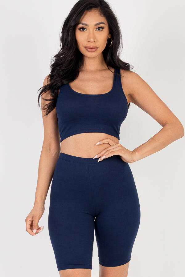 Solid Color Crop Tank Top & Biker Shorts Active Set (CAPELLA).