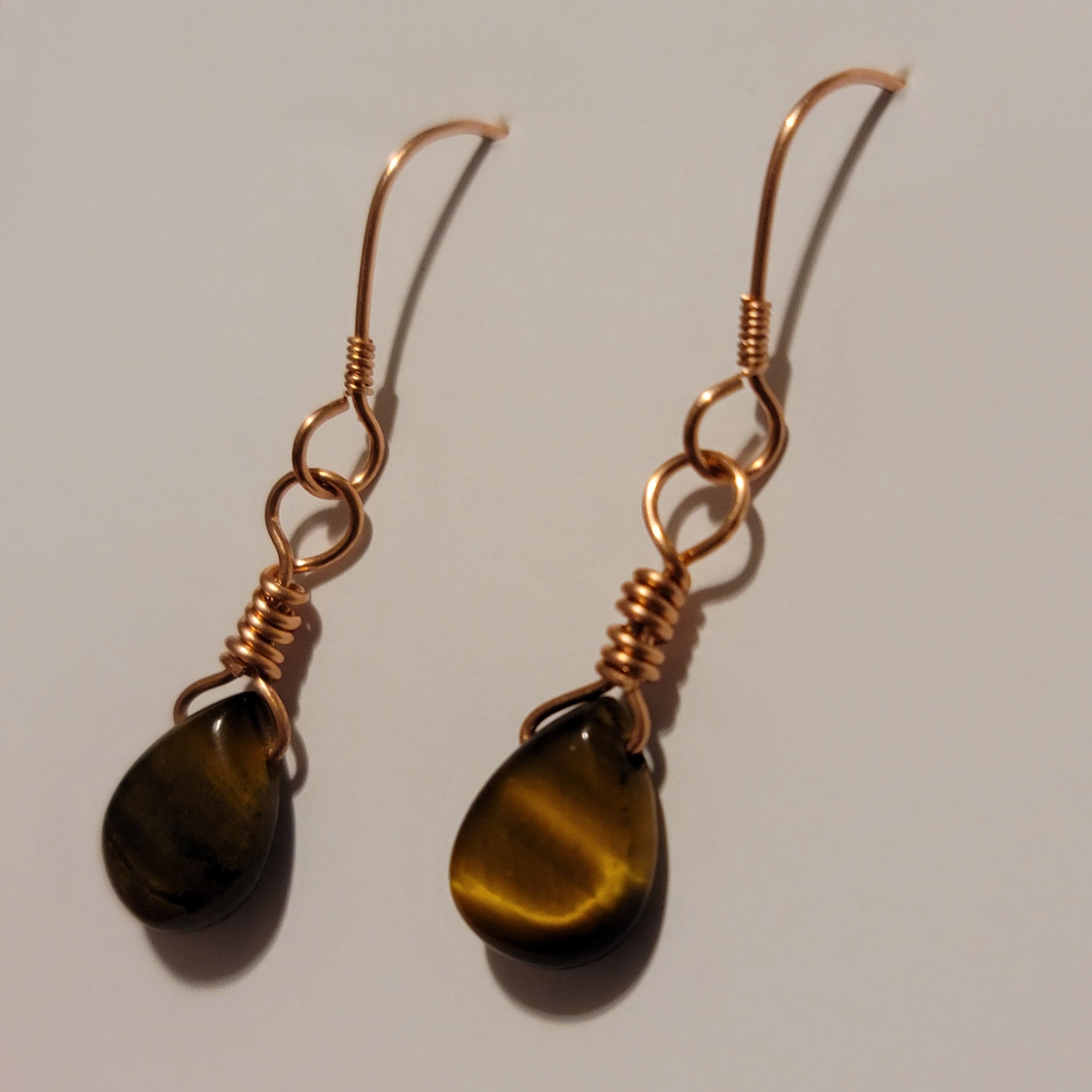 Handmade Copper Tear Drop Tigers Eye Dangle Earrings.