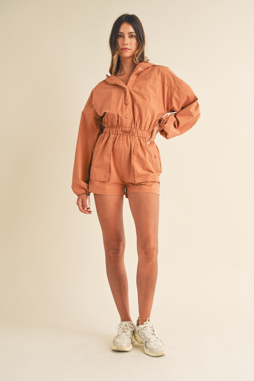 Mable Snap Down Long Sleeve Hooded Romper.