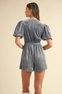 Mable Jewel Bow Decor Puff Sleeve Velvet Romper.