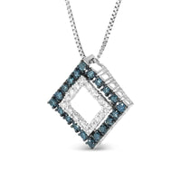 .925 Sterling Silver 1/2 Cttw Blue /White Diamond Rhombus 18" Pendant Necklace.