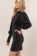 HYFVE Glitter Mock Neck Long Sleeve Mini Dress.