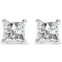 AGS Certified Princess-Cut Square Diamond 4-Prong Solitaire Stud Earrings in 14K Gold (H-I Color, I1-I2 Clarity).