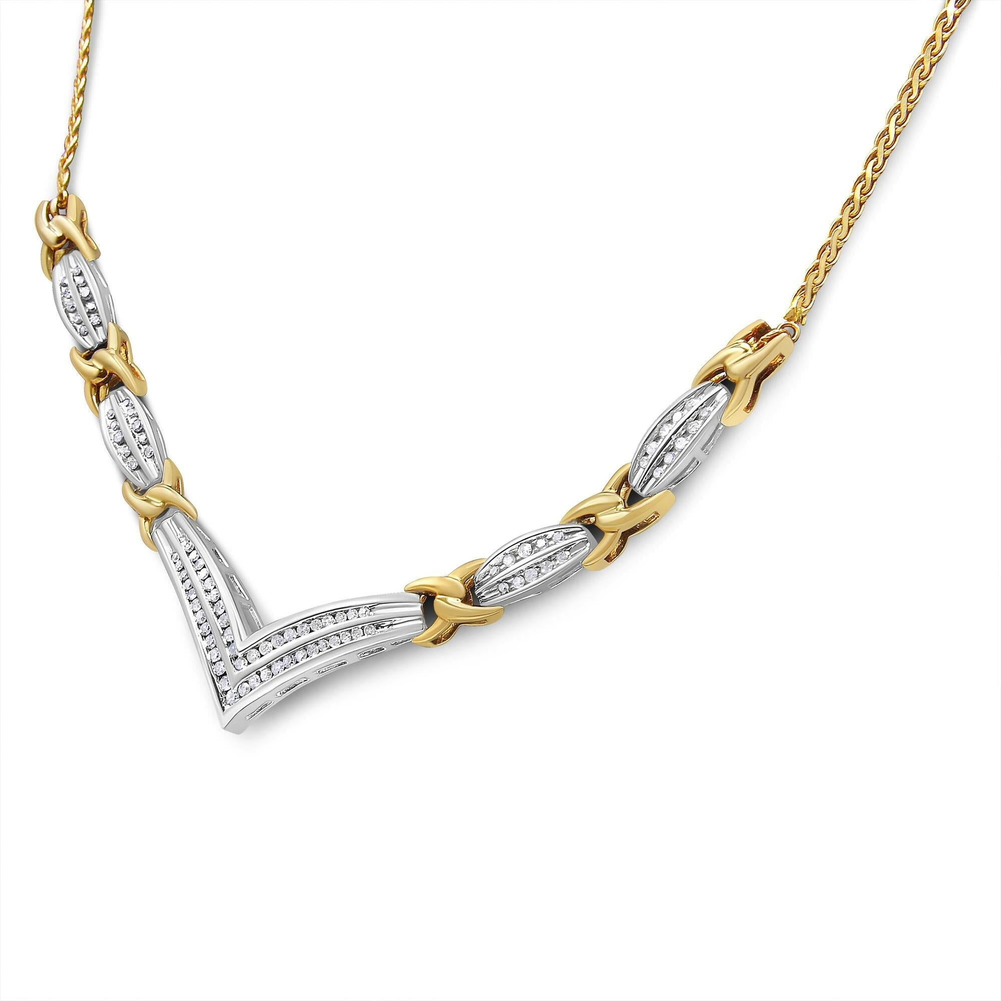 10K Yellow and White Gold 1.0 Cttw Round and Princess Cut Diamond "V" Shape Statement Necklace (I-J Color, I1-I2 Clarity