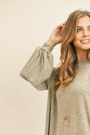 Puff Sleeved Boat Neck Two Toned Brushed Hacci Top.