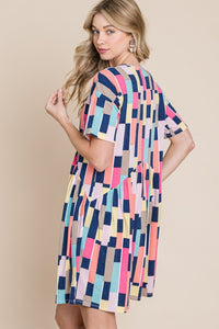 BOMBOM Ruched Color Block Short Sleeve Mini Dress.