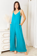 Double Take Full Size Soft Rayon Spaghetti Strap Tied Wide Leg Jumpsuit.