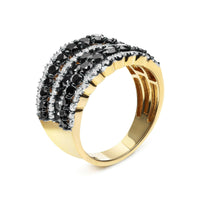 14K Yellow Gold Plated .925 Sterling Silver 1 3/4 Cttw Treated Black and White Alternating Diamond Multi Row Band Ring (.