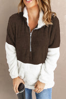 Color Block Half Zip Long Sleeve Fuzzy Sweatshirt.