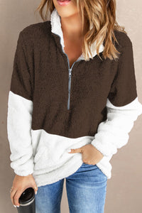 Color Block Half Zip Long Sleeve Fuzzy Sweatshirt.