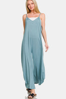 Zenana Spaghetti Strap Wide Leg Overalls with Pockets.