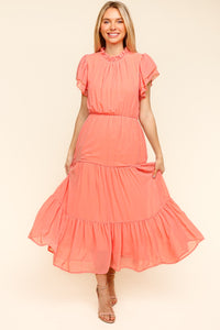 Haptics Full Size Tiered Frill Mock Neck Short Sleeve Dress.