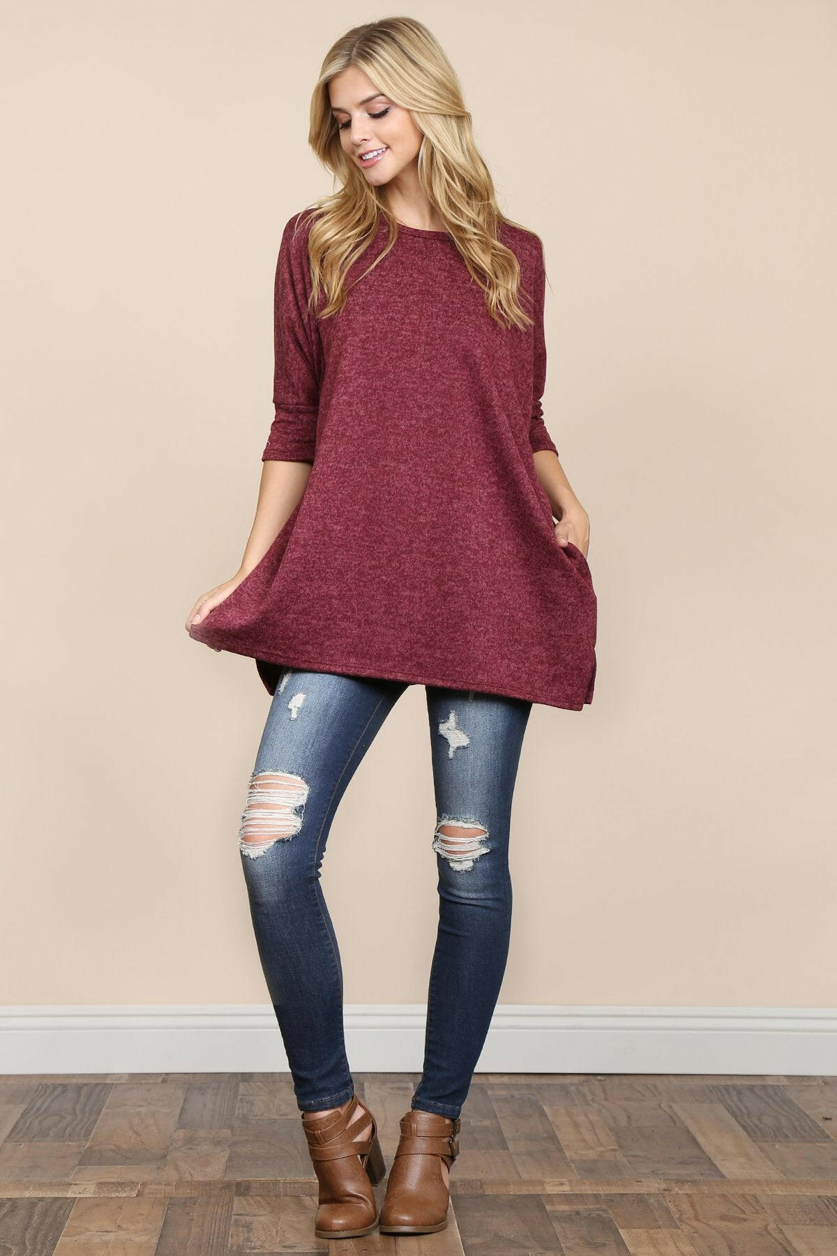 Two Tone Hacci Oversized Dropped Shoulder Pocket Tunic.