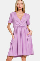 Zenana Surplice Short Sleeve Brushed DTY Dress.