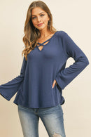 Criss Cross Neck Long Sleeve Hacci Top.