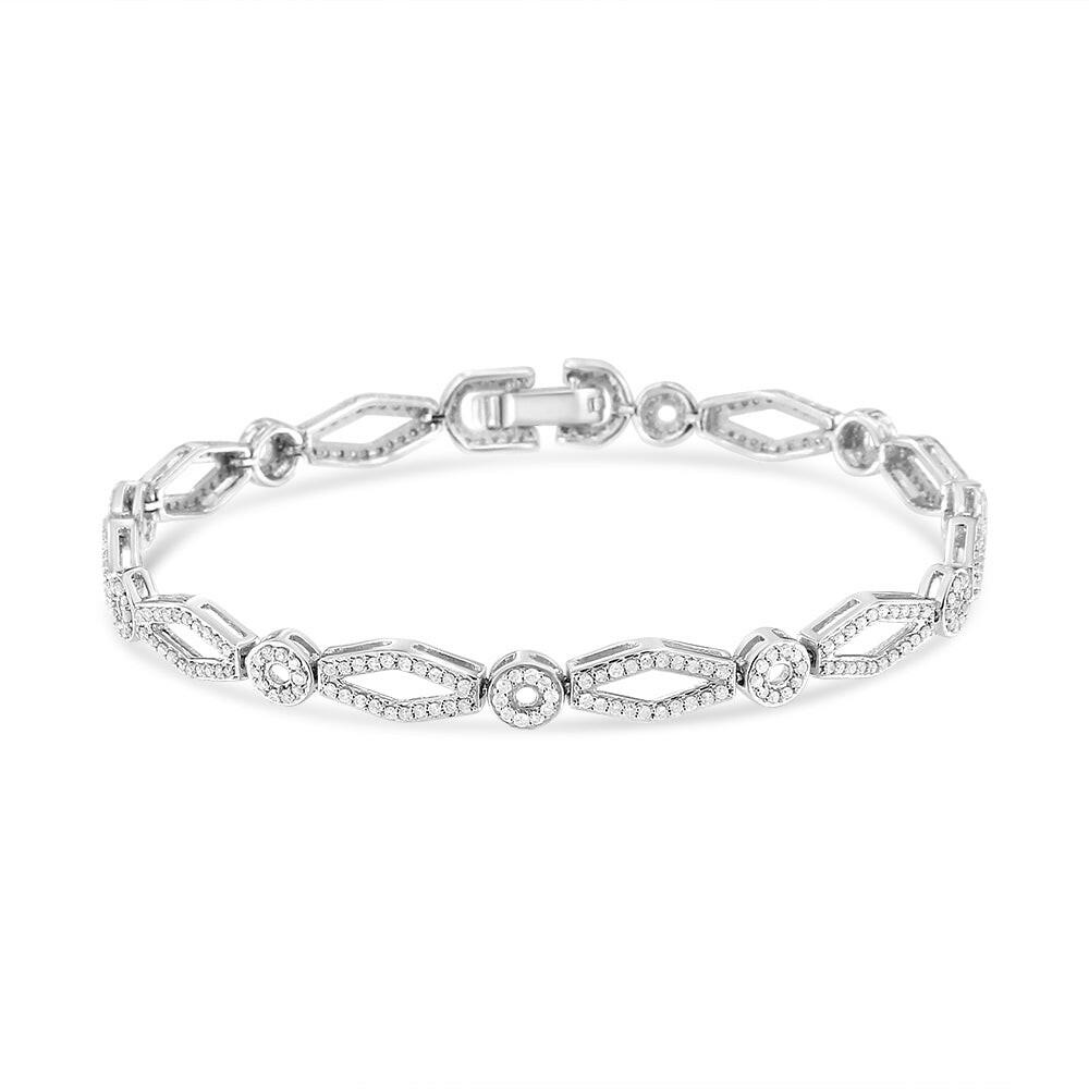 .925 Sterling Silver 1 1/2 Cttw Diamond Studded Alternating Circle and Kite-Shaped Vintage-Style Link Bracelet (I-J Colo