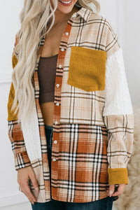 Sutton Plaid Color Block Patchwork Shirt Jacket With Pocket.