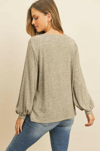 Puff Sleeved Boat Neck Two Toned Brushed Hacci Top.