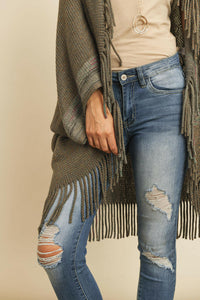 Fringe Stripe Open Front Kimono.