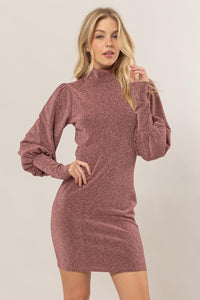 HYFVE Glitter Mock Neck Long Sleeve Mini Dress.