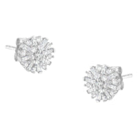 .925 Sterling Silver 1/2 Round and Baguette Diamond Sunburst Floral Cluster Stud Earrings (I-J Color, I3 Clarity).