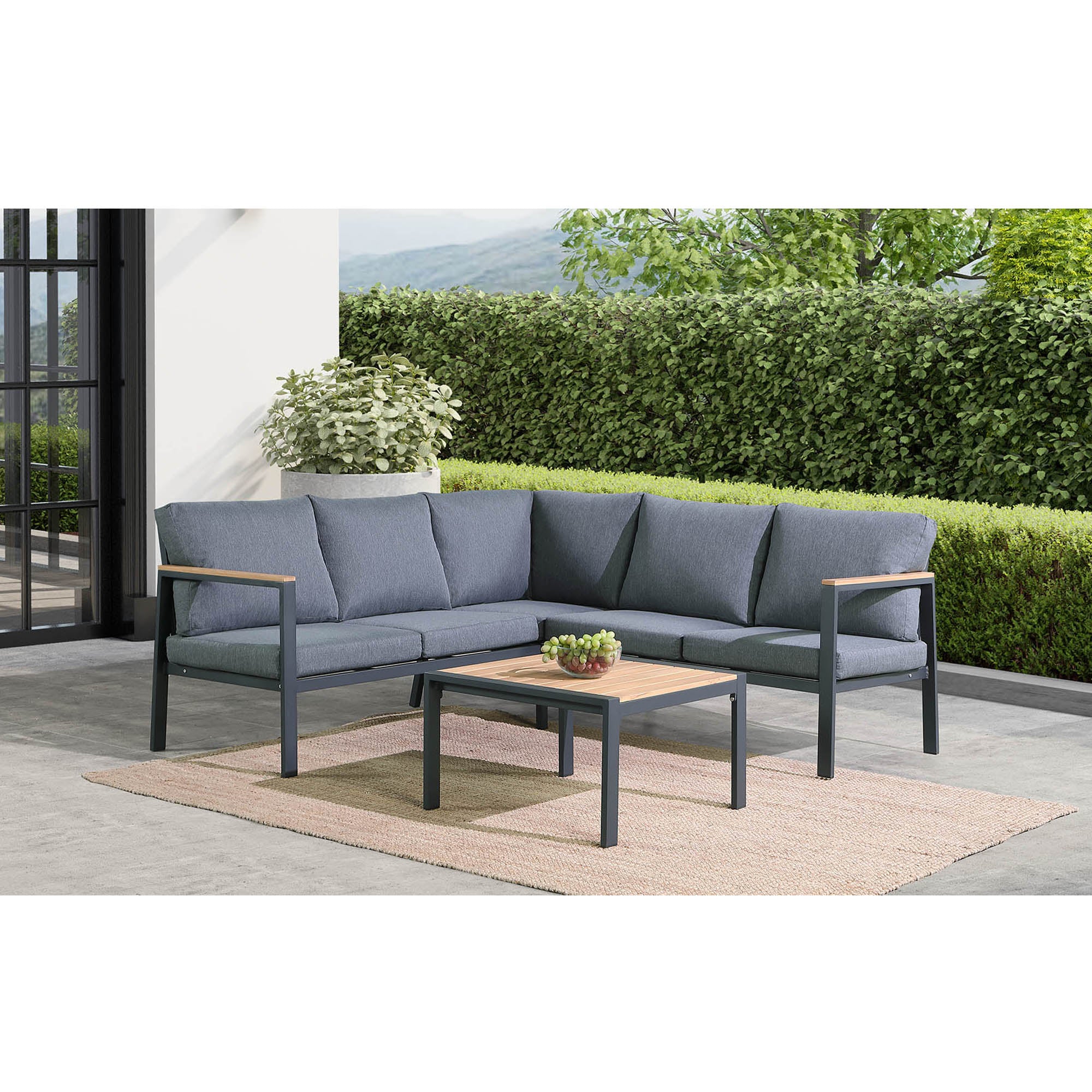 Rossio Outdoor 4 Piece Sectional Sofa,Matte Charcoal Aluminum Frame,Teak Finished