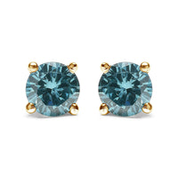 14K Gold 1/2 Cttw Aqua Blue Diamond Screw-Back 4-Prong Classic Stud Earrings (Color Treated, I2-I3).