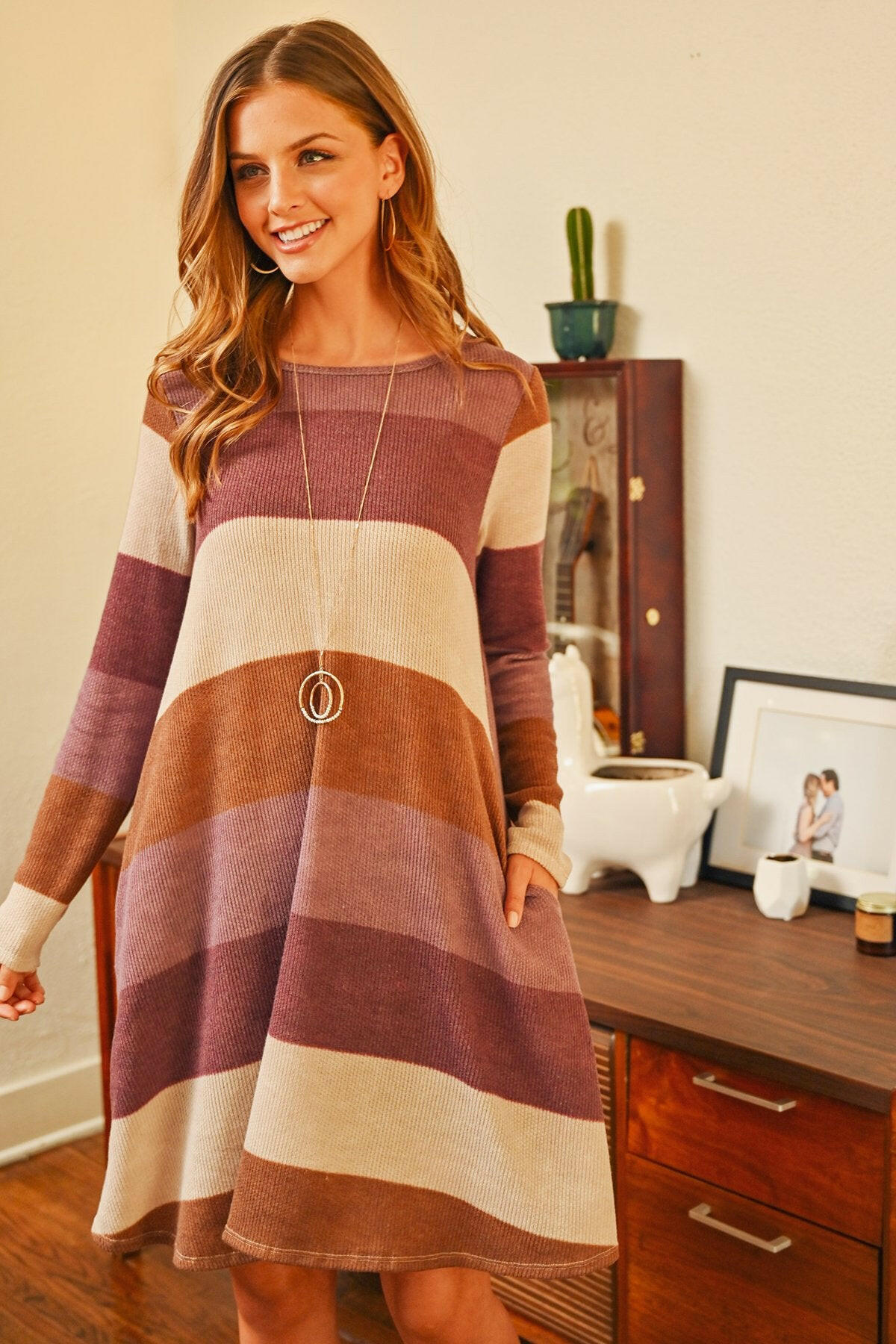 Long Sleeved Rib Stripe Pocket Dress.