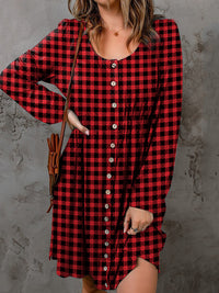 Double Take Full Size Plaid Round Neck Long Sleeve Magic Dress.