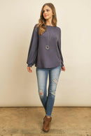 Puff Sleeved Boat Neck Two Toned Brushed Hacci Top.