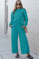 Double Take Full Size Textured Long Sleeve Top and Drawstring Pants Set