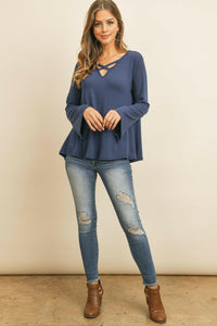 Criss Cross Neck Long Sleeve Hacci Top.