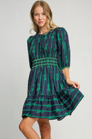 Umgee Ribbon Print Frill Contrast Velvet Trim Half Sleeve Dress.