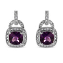 .925 Sterling Silver 8MM Natural Cushion Shaped Amethyst and Diamond Accent Halo With Push Back Dangle Earrings (I-J Col.