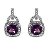 .925 Sterling Silver 8MM Natural Cushion Shaped Amethyst and Diamond Accent Halo With Push Back Dangle Earrings (I-J Col.