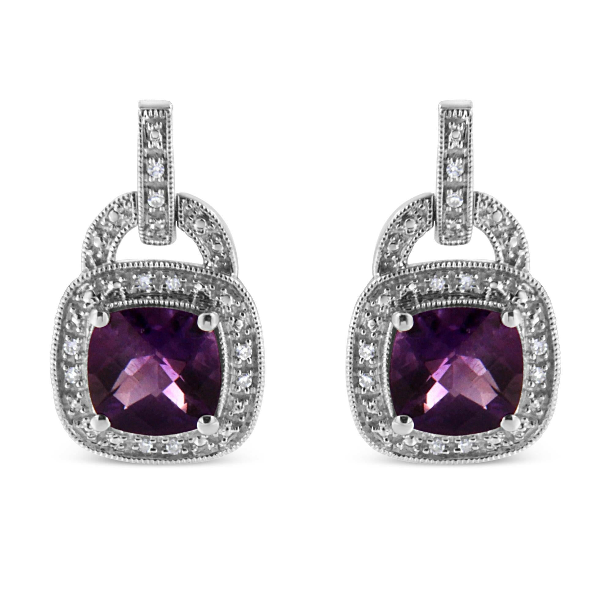 .925 Sterling Silver 8MM Natural Cushion Shaped Amethyst and Diamond Accent Halo With Push Back Dangle Earrings (I-J Col