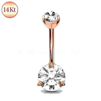 14Kt Rose Gold Navel Ring With Prong Set Clear Round CZ.