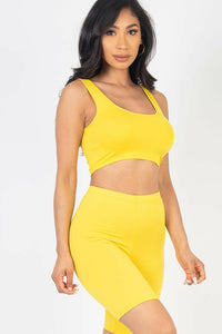 Solid Color Crop Tank Top & Biker Shorts Active Set (CAPELLA).