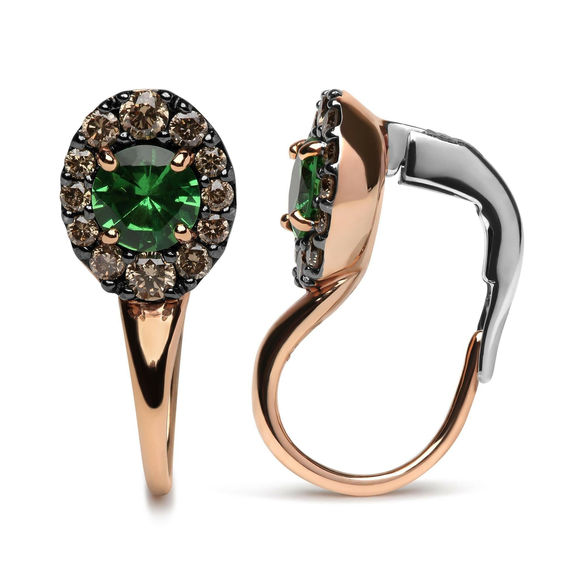 18K Rose and White Gold 3/8 Cttw Round Brown Diamonds and Round Green Tsavorite Gemstone Halo Drop Hoop Earrings (Brown.